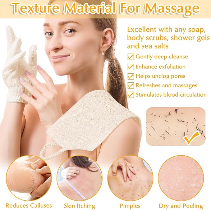 Anezus Exfoliating Back Scrubber Bath Gloves Set, Exfoliating Shower Towel with Shower Gloves for Body Scrub, Back Cleaner Wash Gloves to Remove Dead Skin (Beige)