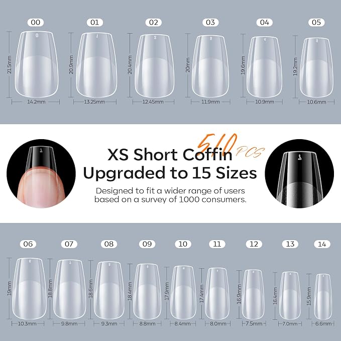 modelones X Nail Gel Kit , 9-in-One Glue Prep Dehydrator UV Light Clipper | 510Pcs Short CoffinFake Nails 15Sizes Pre-shaped Half Matte Press on Short Coffin Tips for DIY Salon
