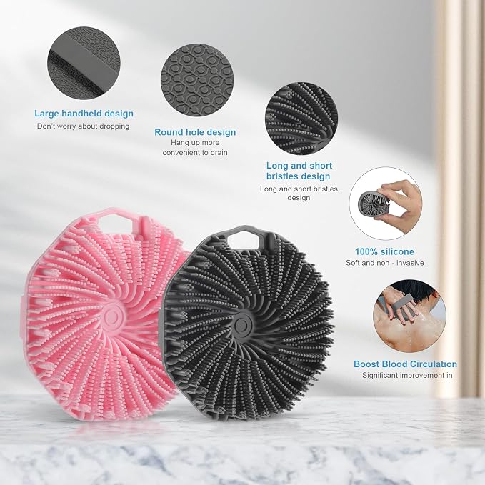 2Pcs Silicone Body Scrubber,Exfoliating Body Scrubbers for use in Shower,Silicone Body Brush for Showering and Anti-Slippery Handles for All Skin Types,Eco Friendly Shower Scrubber for Body XSDLSSLY