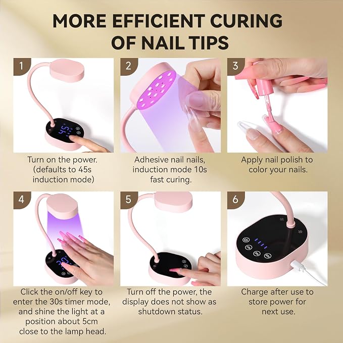 AORAEM UV Nail Lamp, Gooseneck Mini UV Light for Gel Nails | Rechargeable LED Flash Cure Lamps with 4 Timer & Auto Sensor, Quick Dry Professional Nail Dryer for Salon Home DIY Use, Pink