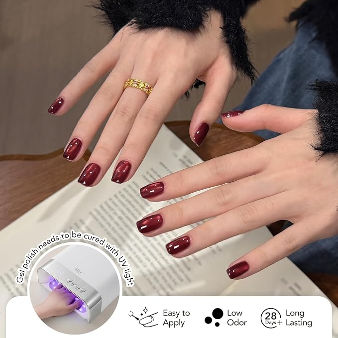 GAOY Red Cat Eye Gel Nail Polish Set with Magnet, Burgundy Brown 6 Colors | Holographic, Glass Cateye, Glitter, Valentine's Date Night New Year Christmas Nails, DIY Manicure at Home, Gift for Women