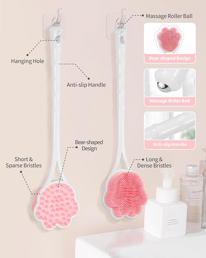Manmihealth 15.7" Cute Silicone Body Scrubber & Face Scrubber Set PinkSet | 3 PCS Paw-Shaped Silicone Back Shower Brush & Facial Scrubber with Super-Soft Bristles Combination