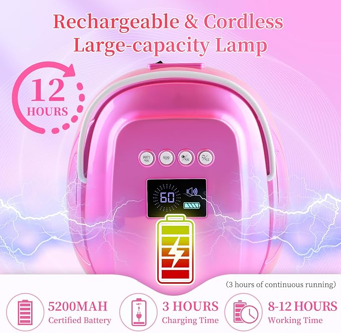 126W Rechargeable UV LED Nail Lamp, Portable Cordless Nail Dryer with Auto Sensor and 4 Timer Settings, Professional Curing Lamp for Gel Polish and Salon (Plating Pink)