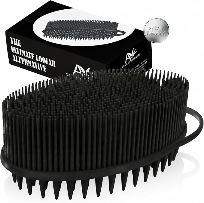 Avilana Silicone Body Scrubber for Shower – SGS Certified Food Grade Dual Sided Bath Brush, Gentle Exfoliating Silicone Loofah Alternative, Sensitive Skin Body Brush (Black-Silver, Scalp)