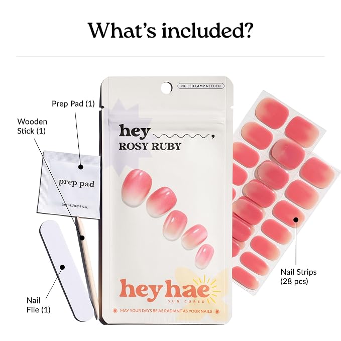 Heyhae Semi Cured Gel Nail Strips Salon Quality - Hey, Rosy Ruby | No UV Light Needed | Salon Quality, Easy Apply & Remove | 28 Strips, 1 Prep Pad, Nail File, Wooden Stick | Pink Ombre