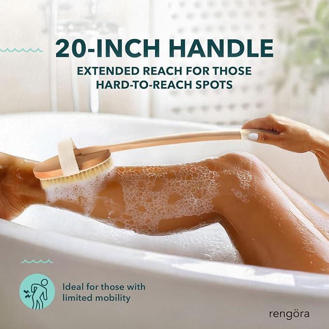 Back Scrubber for Shower - 20" Long Handle Shower Brush - Natural Bristle Back Brush – Ergonomic Handle + Silicone Anti-Slip Grip - Great Gift Idea - Men, Women + Seniors Love This (Firm Bristles)