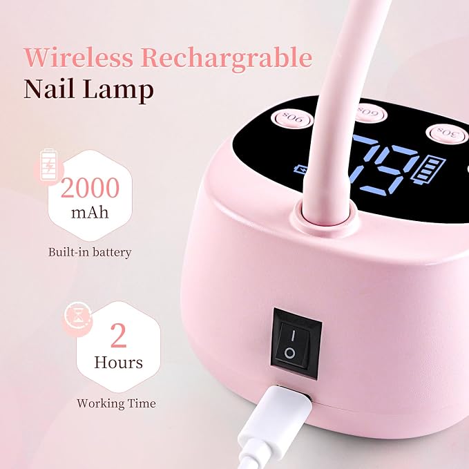 JODSONE Fast Curing U V Nail Lamp - Portable and Flexible Gooseneck Lamp with 360° Adjustable Design, Rechargeable LED Dryer for Gel Polish, Auto Sensor & 4 Timers, Home DIY Manicure Light Rose Pink