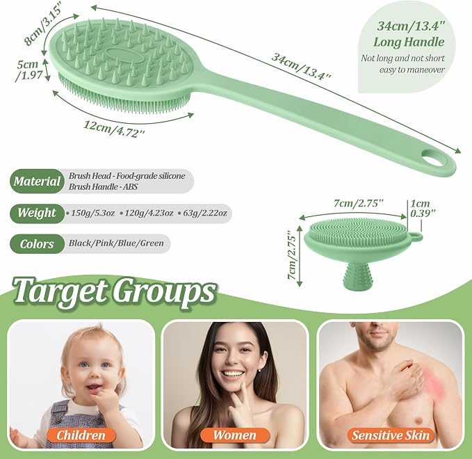 Silicone Face & Back Scrubber Set, Manual Face & Body Scrubber Exfoliator with Soft Bristles and Non-Slip Handle, Back Brush Bath Brush with Detachable Brush Head(2PCS Green Set)