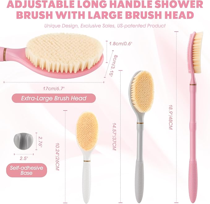New Back Scrubber Anti-Slip for Shower, 18.9‘’ Adjustable Shower Back Scrubber with Dual-Side Head & Soft Bristles, Extra-Long Shower Brush Bath Brush for Lathering Cleansing(Pink-L)