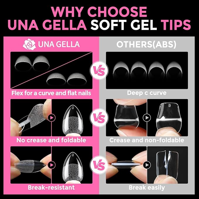 UNA GELLA Short Almond Gel Nail Tips Kit Strong, No U V Lamp Needed Nail Tips and Glue Kit, 216Pcs Pre-etched Soft Gel Fake Nails with Air Dry Nail Glue for Press On Nails & Beginners DIY Gift