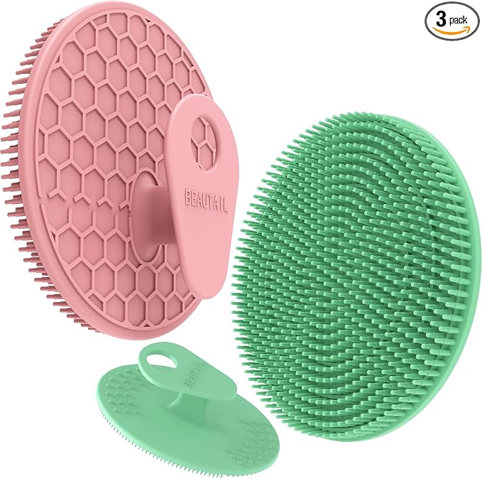 Silicone Body & Face Scrubber Set 3 Pack, BEAUTAIL Gentle Shower Scrubber | Hygienic Silicone Loofah, Easy-Grip Handle, Soft Exfoliating Bath Brush for Sensitive Skin, Women, Men & Kids (Pink+Green)