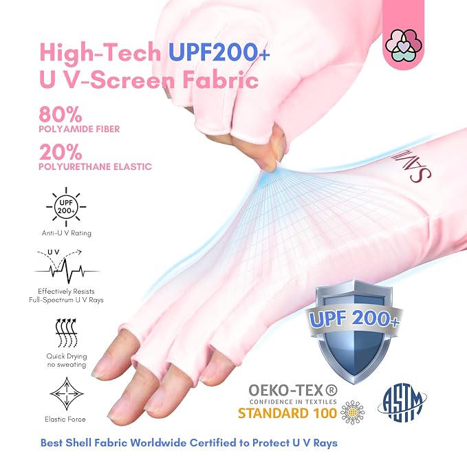 SAVILAND UPF200+ U V Gloves for Gel Manicures One Size Fit Most Light Pink | Sun & U V Protection Anti UVA & UVB 999+, Fingerless Gloves, U V Light Gloves Prevent Hands from U V Harm