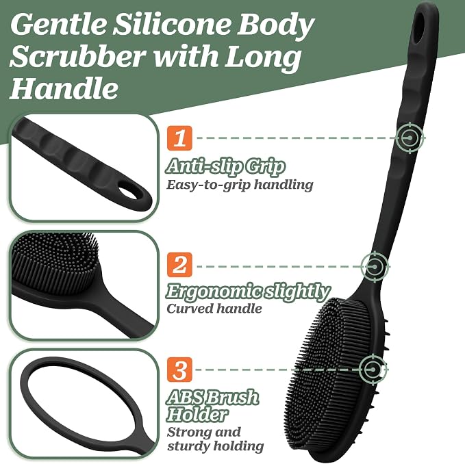 Silicone Back/Body/Face Scrubber & Scalp Massager Set 5PCS, 13.4'' Soft Back Scrubber, 360° Anti-Slip Bath Glove, Unique Side-bristled Face Scrubber, Shampoo Brush for All-round Cleaning(Black)