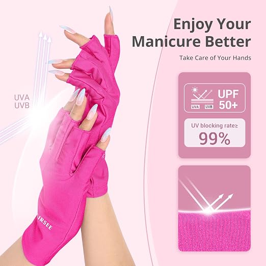 AIRSEE UV Gloves for Nail Lamp,Professional UPF50+ UV Protection Gloves for Manicures Nail Art,Fingerless Gloves That Shield Skin from The Sun and Nail Lamp(Rose Red)