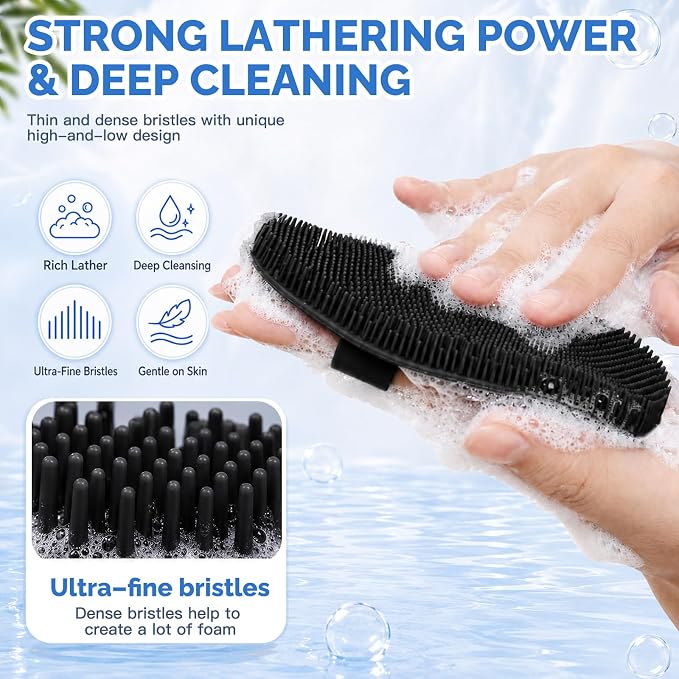 Manmihealth Silicone Back Scrubber & Soft Shower Brushes Set 2PCS Black | Silicone Body Scrubber with Thin Dense Bristles & Bath Glove Brush Combination, Super Lathering & Exfoliating