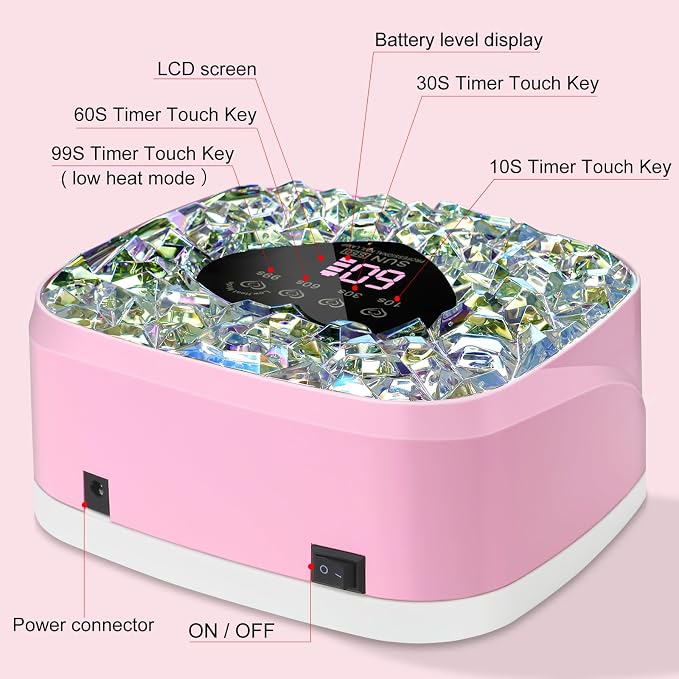 LIMEGIRL UV LED Nail Lamp Kit for Gel Polish Professional Fast Pink Diamond Design Curing Dryer Light Set with 4 Timers and Gloves Cordless Rechargeable Nail Art Cure Machine at Home and Salon
