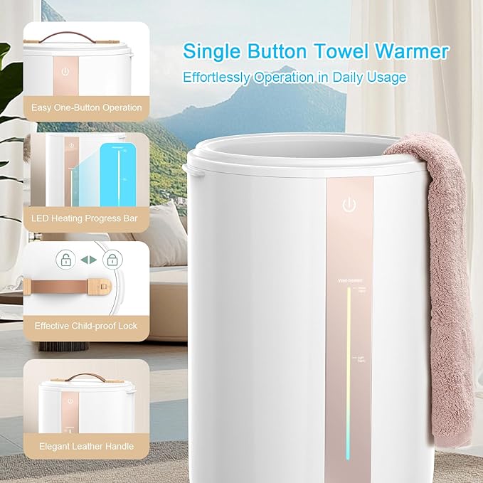Keenray Towel Warmer for Bathroom, Towel Warmer Bucket with Heating Progress Bar, Fragrance Disc Holder, Leather Handle, Auto Shut-Off Towel Bucket Fits Up to Two 40" x 70" Towels, Blankets Champagne