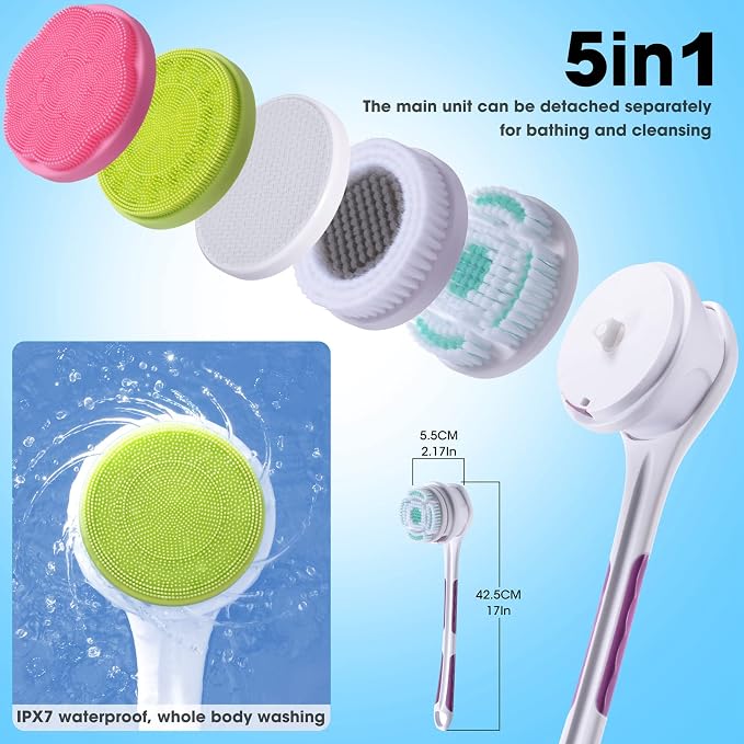 SoulBay IPX7 Electric Body Brush with 17" Handle, 5 Brush Heads | Rechargeable Spin Scrubber, Extra Long Reach Back Scrubber, Exfoliating, For Shower Bathing, Deep Body Cleansing