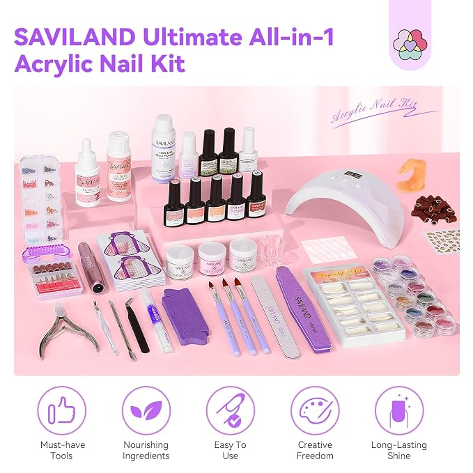 SAVILAND All-In-1 Acrylic Nail Kit with Drill & Nail Lamp Women Gift Set | All-in-1 beginners set, practice fingers, cuticle oil, cuticle remover,durable wearing, prevents chipping, home salon use