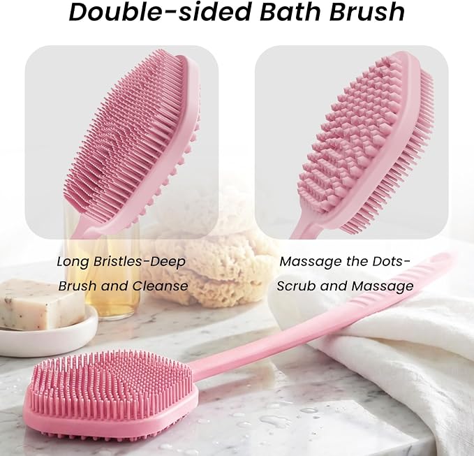 Redfly Silicone Back Scrubber for Shower Brush, 17 inch Long Handled Silicone Body Scrubber for Men & Women, Double Sided Shower Scrubber for Body Brush Exfoliator and Massage, Pink