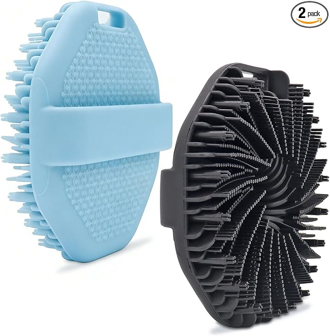 2 Pack Silicone Body Scrubber, Premium Silicone Loofah, Body Scrubber Exfoliator, Silicone Shower Scrubber with Non-Slip Hand Strap for All Skin Types (Black & Blue)