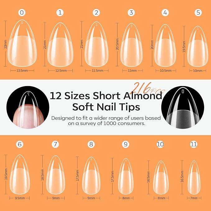 Modelones Almond Nail Tips Short Clear Soft Gel Fake Press On Nails Tip | Soft Gel Nail Tips Half Matte Full Cover Clear Acrylic Gel False Press on Extension 12 Sizes