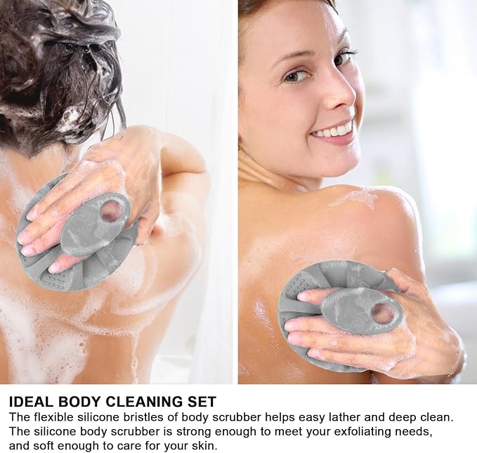 INNERNEED Silicone Body Cleansing Brush Exfoliating Scrubber, Gray | Gentle Massage, Deep Clean, Hygienic Shower Scrub Brush Soft Bristles for All Skin Types, Easy to Hold