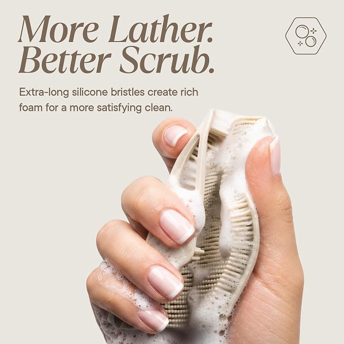 TOOLETRIES Silicone Body Scrubber 2.0, Loofah Alternative - Sand | Gentle exfoliating shower scrubber that's quick drying, hygienic and longer lasting than traditional loofahs.
