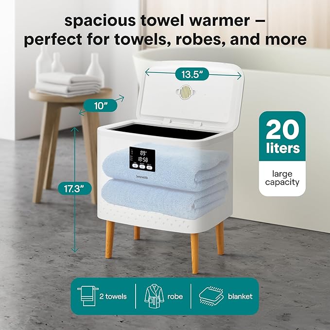SereneLife Rectangular Towel Warmer Bucket, Large Capacity Blanket and Towel Warmer for Bathroom, Single-Touch Control, Energy-Efficient Design with Auto Shut-Off, 20L Capacity, White