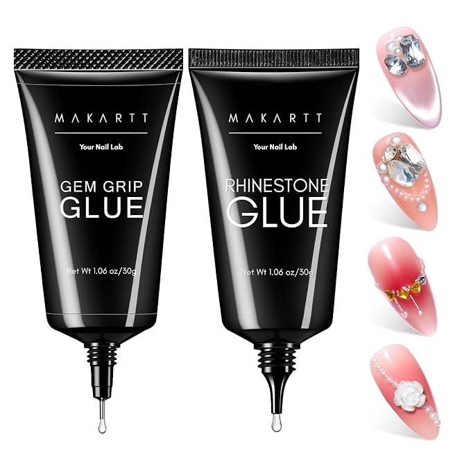 Makartt Rhinestone Glue Gel Set, 2-Pack 60g Low and Medium Viscosity | Strong Hold 30 Day Clear Cured Gel for Nail Charms, Rhinestones, Gems and 3D Decorations. Use for Salon or At-Home Nail Art.