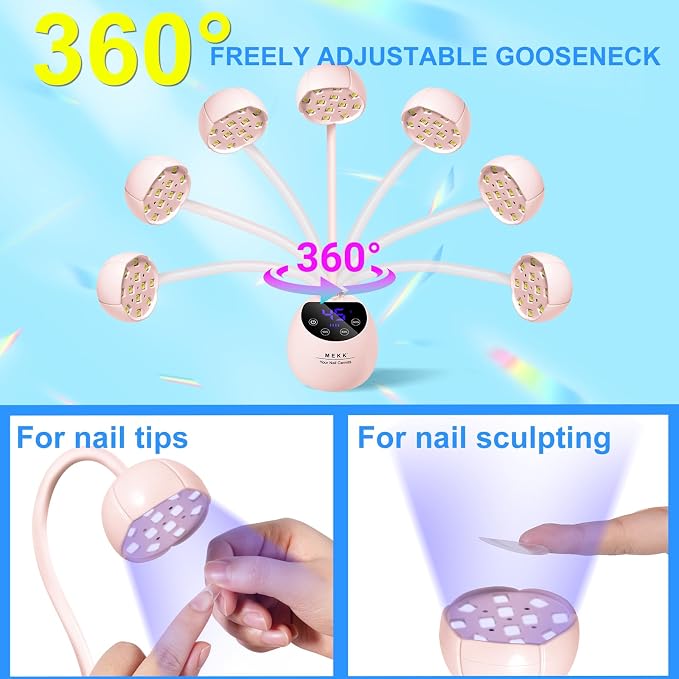 MEKK Gooseneck Flash Cure Nail Lamp, 36W Mini UV Light for Gel Nails | Cordless,Auto Sensor, 4 Timers (10/30/60/90s), Single Nail Detail Work, Portable, USB-C, flower Design, Salon & Home,Pink