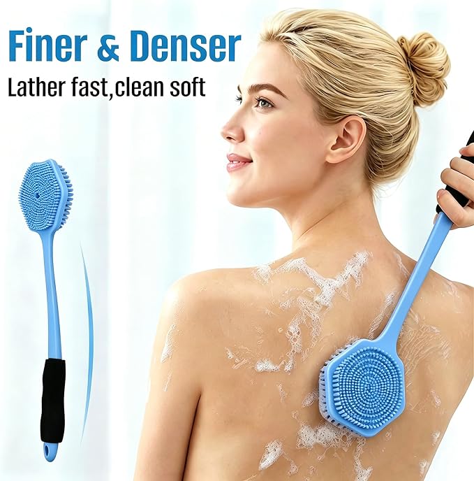 14" Silicone Back Scrubber for Shower, Long Handle Body Brush | Soft Bristles Exfoliate&Massage Skin. Non-Slip Grip, Reach Full Back Easily. Ideal for Men&Women, Bath Use. Blue.