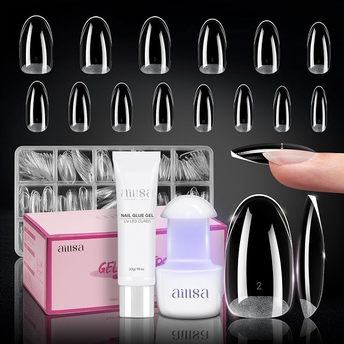 AILLSA Nail Tips with Glue Kit Medium Oval Nail Tips 224pcs | Upgrade Glue Gel for Fake Tips Press on Nails, Nail Extensions Kit with Portable Nail Lamp for Beginners