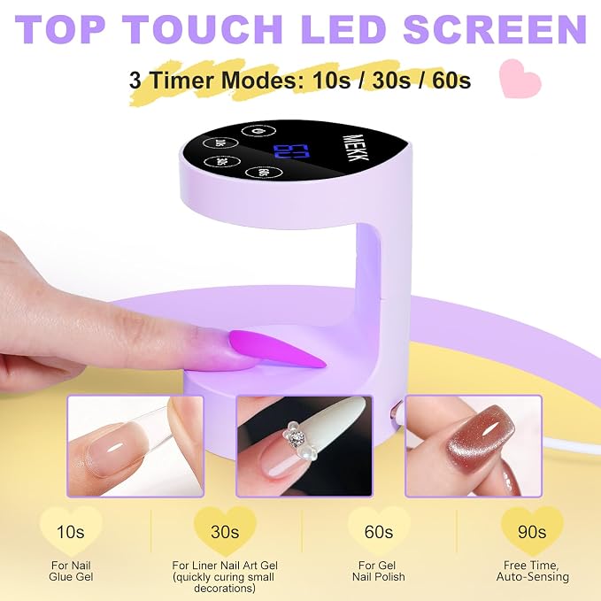 MEKK Mini Flash Cure Nail Lamp, Small UV Light for Gel Nails | Auto Senser,8 LED Beads, 4 Timer Settings, Peach-Shaped, Compact for Travel/Home Use, Fits Single Finger Gel Nails-Purple