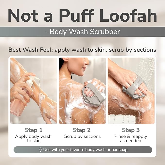 SILKLE Silicone Body Scrubber Exfoliator, Shower Scrubber & Silicone Loofah | Exfoliating Body Scrubber, Non-Slip Grip - Silicone Bath Brush & Shower Brush for Body, Quick-Rinse One-Piece Design - Gray