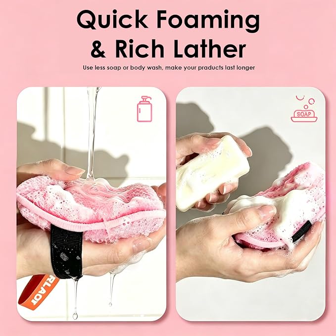 Exfoliating Body Scrubber, Rough Body Scrubber Exfoliator, 2 Pack | Large Exfoliating Bath Shower Sponge, Loofah for Women, Deep Cleansing for Smooth Skin, Reusable & Long-lasting, Pink
