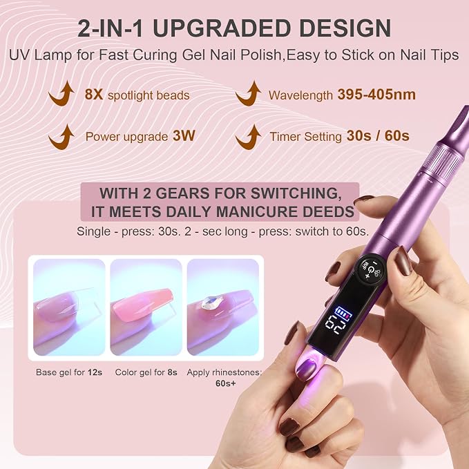 Electric Nail Drill Rechargeable Professional,2 in 1 Nail Grinder & UV Lamp Combo,35000 RPM,Portable Cordless Nail File Machine for Acrylic Nails,Gel Polishing,Shaping Nails,Manicure Art Tools