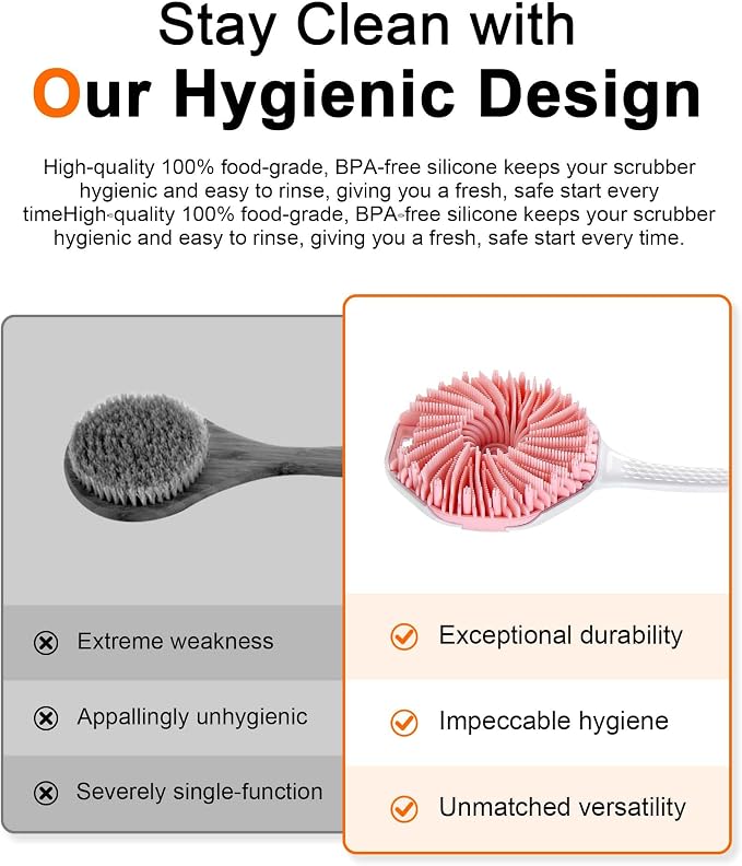 Back Scrubber for Shower, 2-Pack Long-Handled Silicone Shower Brush for Men, Body Brush with Stiff and Soft Bristles for Body Exfoliation and Massage, (Gray+Pink)