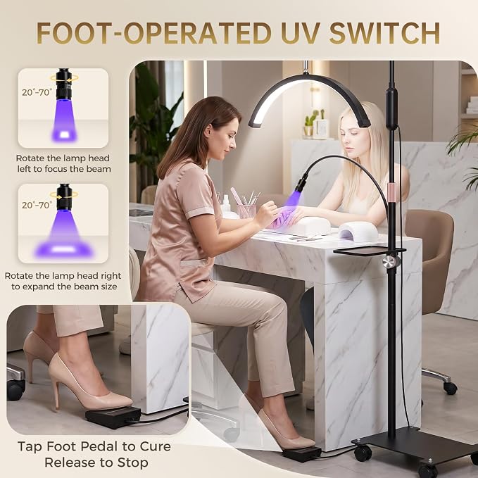 Half Moon Light for Esthetician with Nail UV Lamp | Gooseneck Lash Light, Eyelash Extensions, 36W 308 LED 5 Color Temps 3600LM, Rolling Floor Lamp, Tattoo Salon Use
