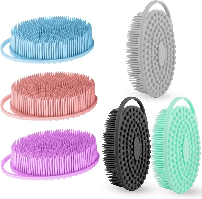 Silicone Body Scrubber 6 Pack Silicone Loofah Exfoliating Body Scrubber Soft Silicone Shower Brush with Handle Double Sided Bath Body Brush for Women Men Cleaning Massage Sensitive Skin, Lather Well