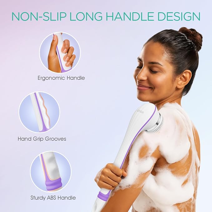 VOYOR Electric Body Brush for Showering, Back Scrubber for Shower, Purple | Rechargeable Exfoliating Bath Brush Powered Shower Brush Non-Slip Long Handle Deep Cleansing, Massaging Brush Women Men BC100