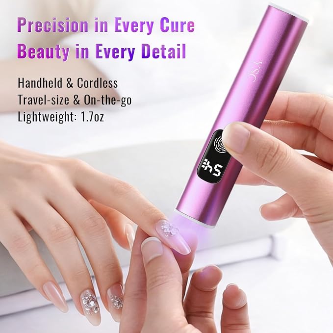 YSC Handheld UV Light for Nails, Cordless Flash Cure Lamp LCD Dual Timers | Portable mini uv nail lamp to flash cure soft gels, LCD dual timers, aluminum shell, 60 mins runtime, home & salon manicure
