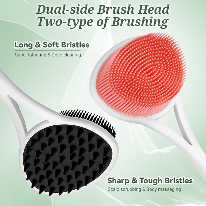 Silicone Back & Face Scrubber Set, 15.35’’ Soft Back Scrubber for Shower with Dual-Side Brush Head, Gentle Silicone Facial Scrubber Face Brush for Deep Lathering & Cleansing(Black-2PCS)