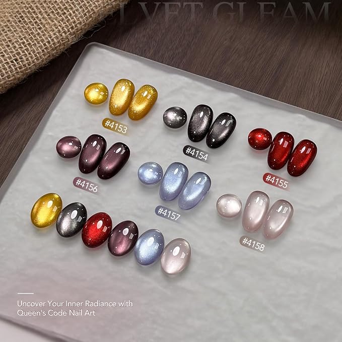 GAOY Glitter Cat Eye Gel Nail Polish Set 6 Colors with Magnet, Queen’s Code | Gemstone Nail Art, UV Lamp Required, Gold Burgundy Red Black Holographic, Christmas Holiday, DIY at Home Salon