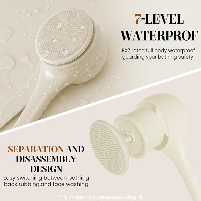 Electric Back Scrubber, Automatic Rotating Exfoliating Massage Bath Brush, Rechargeable, 2 Speed Settings for Cleansing, Exfoliating, and Massaging Skin. (Khaki)