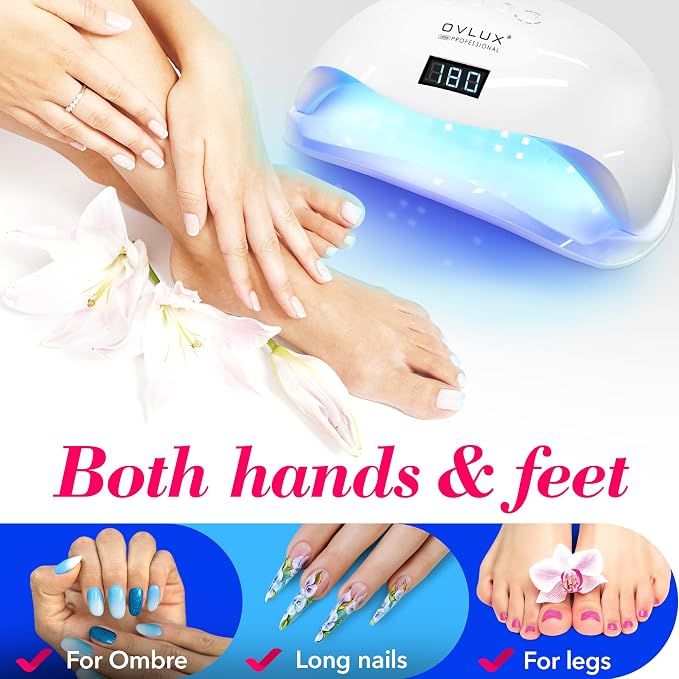 OVLUX 180W UV LED Nail Lamp Professional – Fast Gel Nail Dryer with 57 LEDs, LCD Countdown, Auto Sensor & Low Heat Mode, UV Light for Gel Nails, Salon & Home, Nail Buffer & File Set
