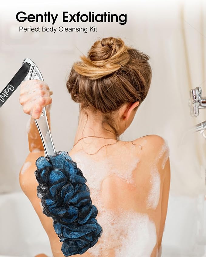 5 PCS Large Shower Loofah Bath Sponge, Body & Back Scrubber for Women Men | Charcoal Poufs, 4PCS 80g Extra Big Exfoliating Loofa Pack, 1PCS Long Handle Back Scrub Luffa, 1PCS Lufa Hook, Assorted