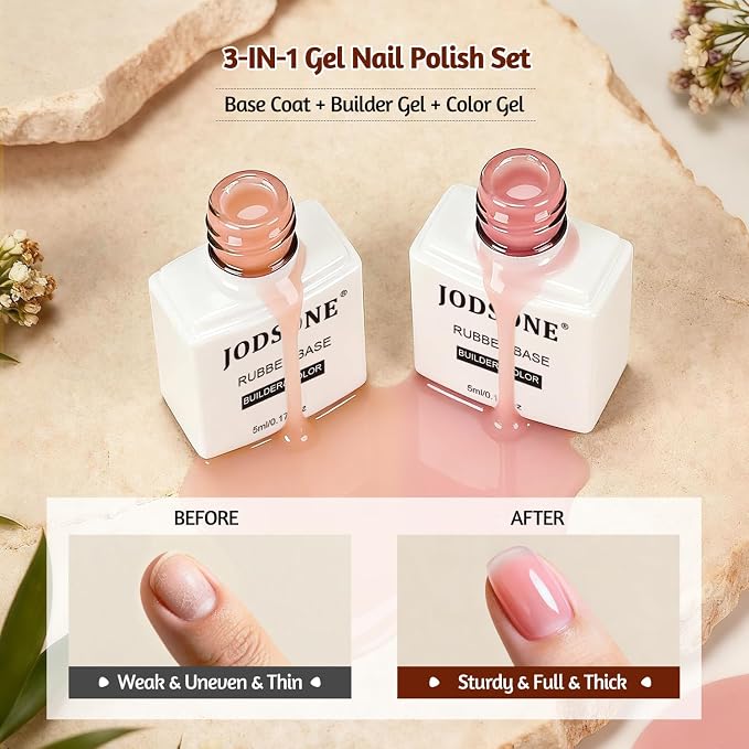 JODSONE 10 Colors Base Coat Builder Colors Gel Polish | 3-in-1 Jelly Gel Set with Top Coat Extension Builder Gel Polish for Nails DIY Nail Art Gift for Women