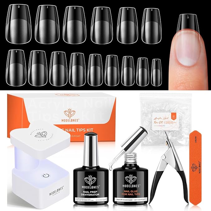 modelones X Nail Gel Kit , 9-in-One Glue Prep Dehydrator UV Light Clipper | 510Pcs Short CoffinFake Nails 15Sizes Pre-shaped Half Matte Press on Short Coffin Tips for DIY Salon
