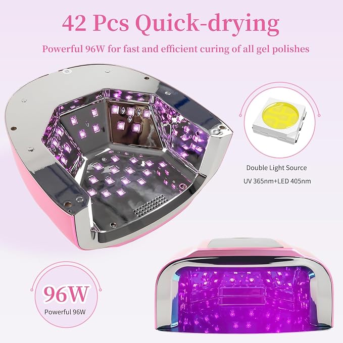96W Rechargeable UV LED Nail Lamp, Cordless UV Light for Nails with LCD Display Auto Sensor, 4 Timer Setting and Smart Sensor Nail Dryer,Nail Cure Light with Removable Bottom(Pink)